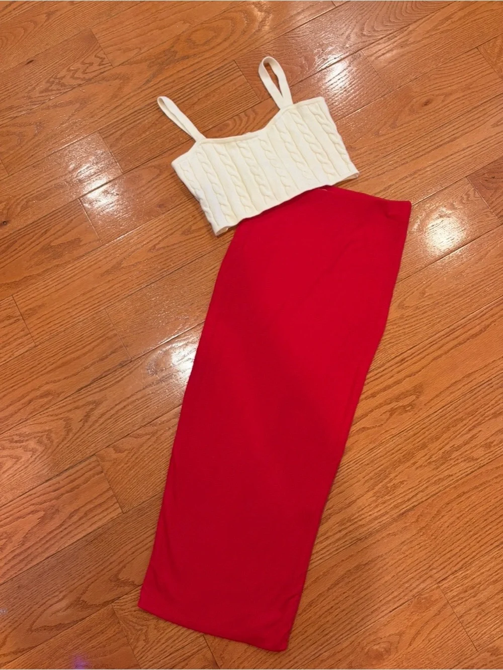 Altar’d State Cream Cable Knit Crop Tank Red Midi Skirt Outfit M